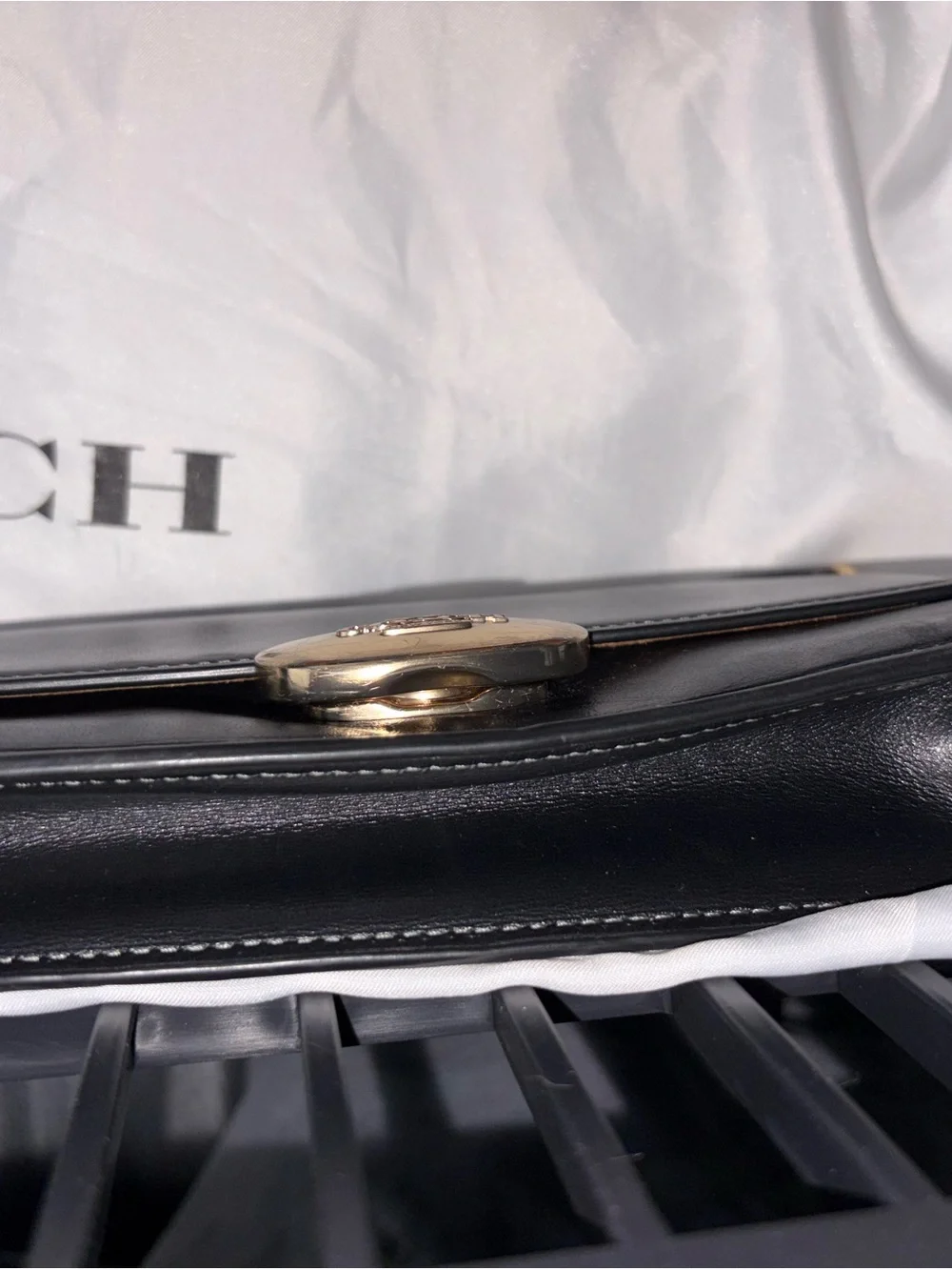 Coach Black Leather Crossbody with Gold Plaque